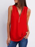 V-neck Zipper Sleeveless Loose Chiffon Vest