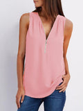 V-neck Zipper Sleeveless Loose Chiffon Vest