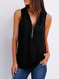 V-neck Zipper Sleeveless Loose Chiffon Vest