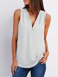 V-neck Zipper Sleeveless Loose Chiffon Vest