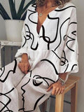 Abstract Face Print V-Neck Long Sleeve Dress