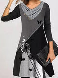 Abstract Print Long Sleeve Scarf Collar Dress