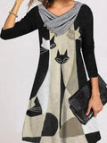 Abstract Print Long Sleeve Scarf Collar Dress