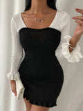 Bare Back Belted Ruffled Long Sleeve Dress