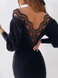 Bare Back Hollow Lace Long Sleeve V-Neck Dress