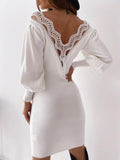 Bare Back Hollow Lace Long Sleeve V-Neck Dress