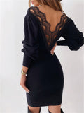 Bare Back Hollow Lace Long Sleeve V-Neck Dress