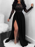 Bare Back Sequin Lace Long Sleeve Slit Dress