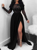 Bare Back Sequin Lace Long Sleeve Slit Dress