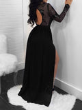 Bare Back Sequin Lace Long Sleeve Slit Dress