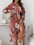 Belted Chiffon Long Sleeve Floral  Pleated Dress