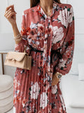 Belted Chiffon Long Sleeve Floral  Pleated Dress