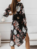 Belted Chiffon Long Sleeve Floral  Pleated Dress