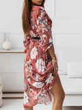 Belted Chiffon Long Sleeve Floral  Pleated Dress