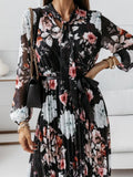 Belted Chiffon Long Sleeve Floral  Pleated Dress