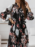 Belted Chiffon Long Sleeve Floral  Pleated Dress