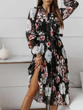 Belted Chiffon Long Sleeve Floral  Pleated Dress