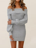 Boat Neck Off Shoulder Lantern Sleeve Dress