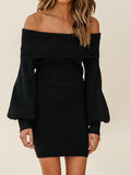 Boat Neck Off Shoulder Lantern Sleeve Dress