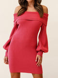 Boat Neck Off Shoulder Lantern Sleeve Dress