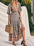 Boho Print V-Neck Short Sleeve Dress