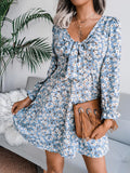 Bowknot Floral Chiffon Long Sleeve Dress