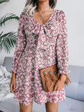 Bowknot Floral Chiffon Long Sleeve Dress