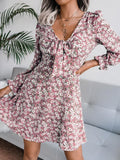 Bowknot Floral Chiffon Long Sleeve Dress