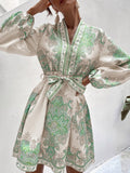 Casual Belted Printed Long Sleeve Dress