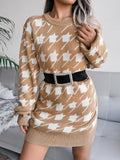 Casual Long Sleeve Houndstooth Knitted Sweater Dress