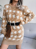 Casual Long Sleeve Houndstooth Knitted Sweater Dress