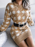 Casual Long Sleeve Houndstooth Knitted Sweater Dress