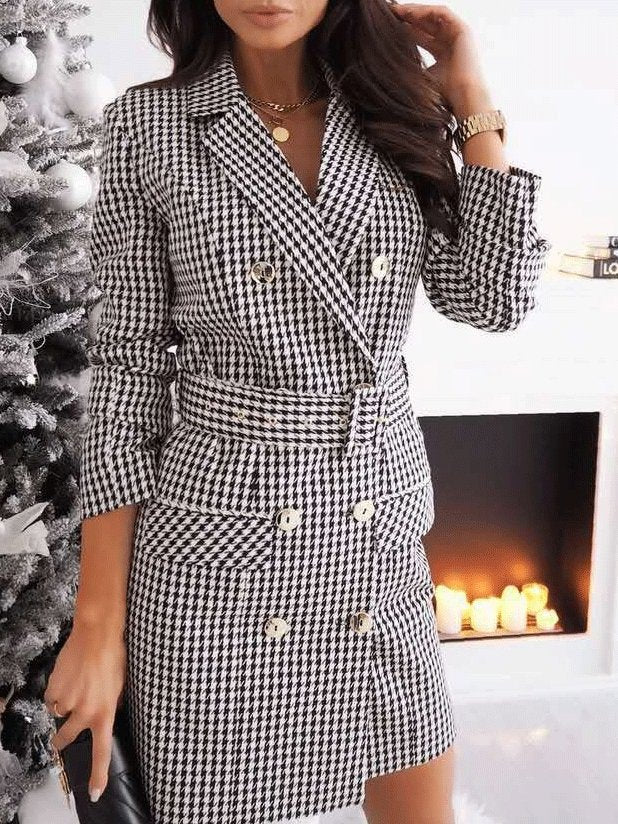 Checked Belt Long Sleeve Suit Dress