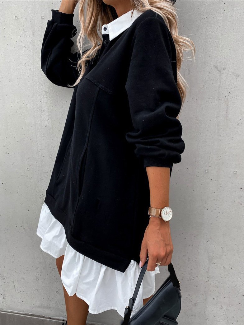 Color Block Pocket Button Long Sleeve Dress