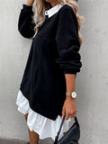 Color Block Pocket Button Long Sleeve Dress