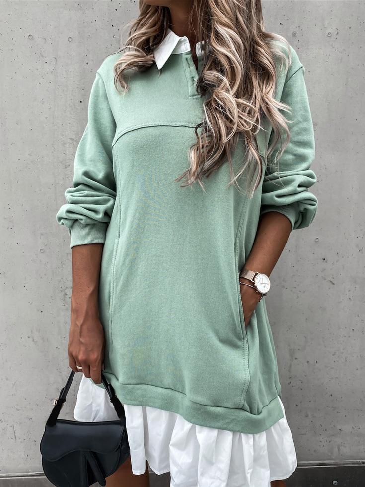 Color Block Pocket Button Long Sleeve Dress