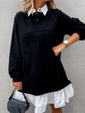 Color Block Pocket Button Long Sleeve Dress