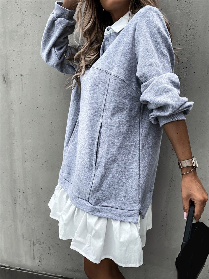 Color Block Pocket Button Long Sleeve Dress