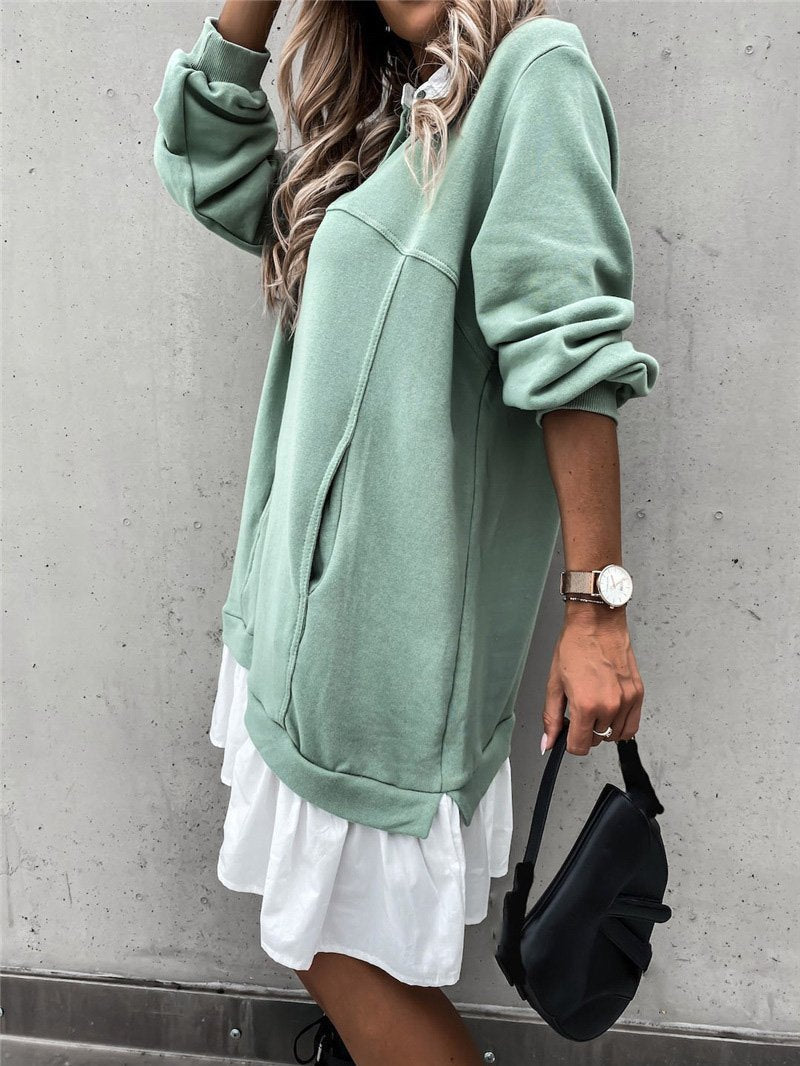 Color Block Pocket Button Long Sleeve Dress