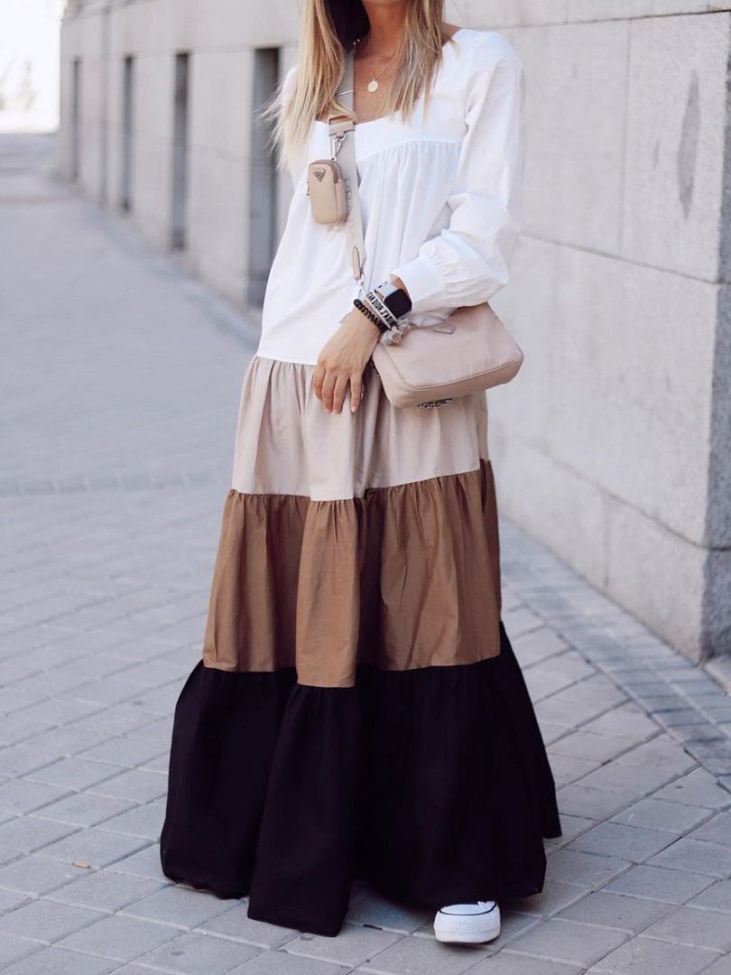 Colorblock Long Sleeve Casual Maxi Dress