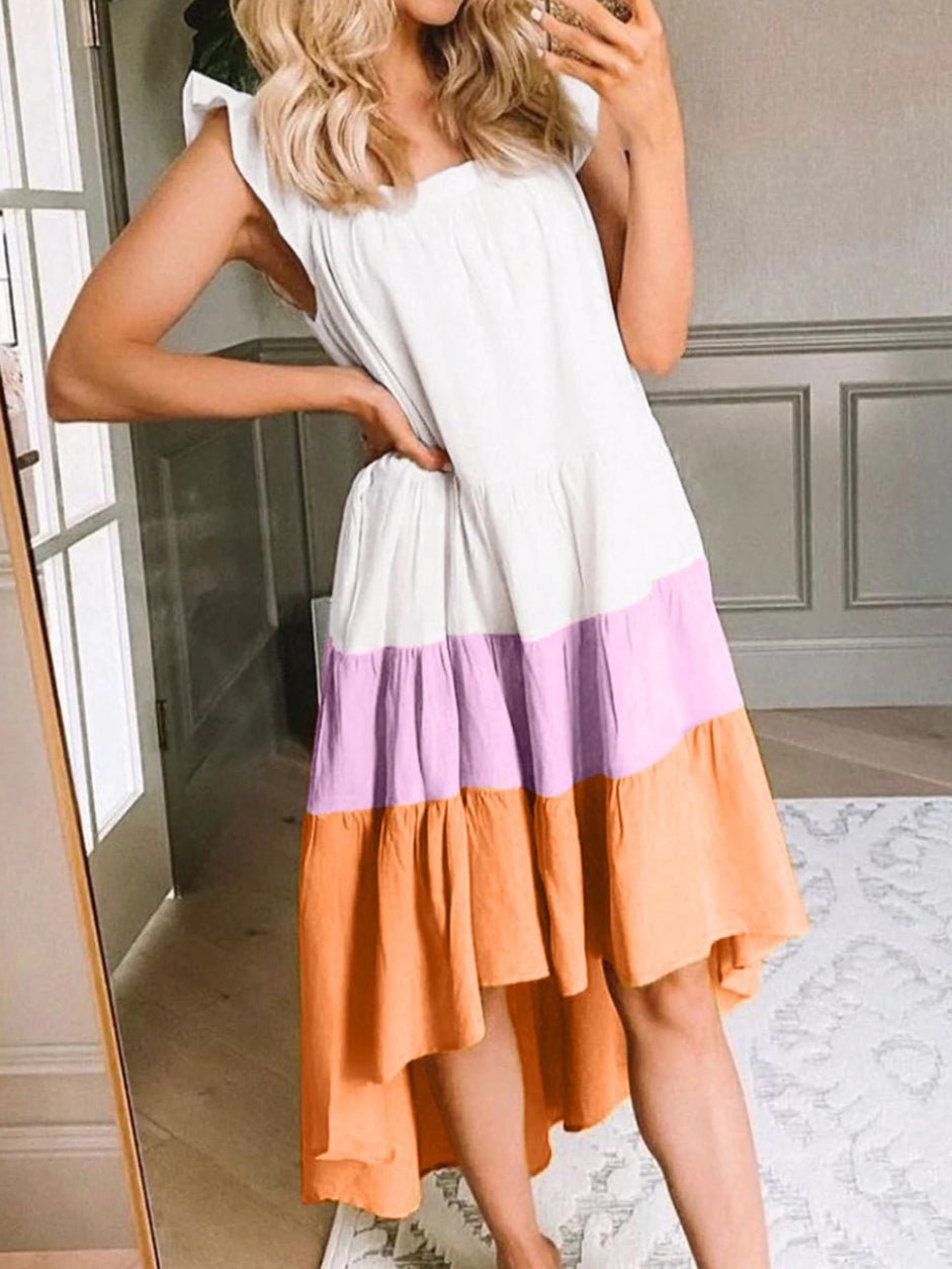 Colorblock Square Neck Sleeveless Irregular Dress
