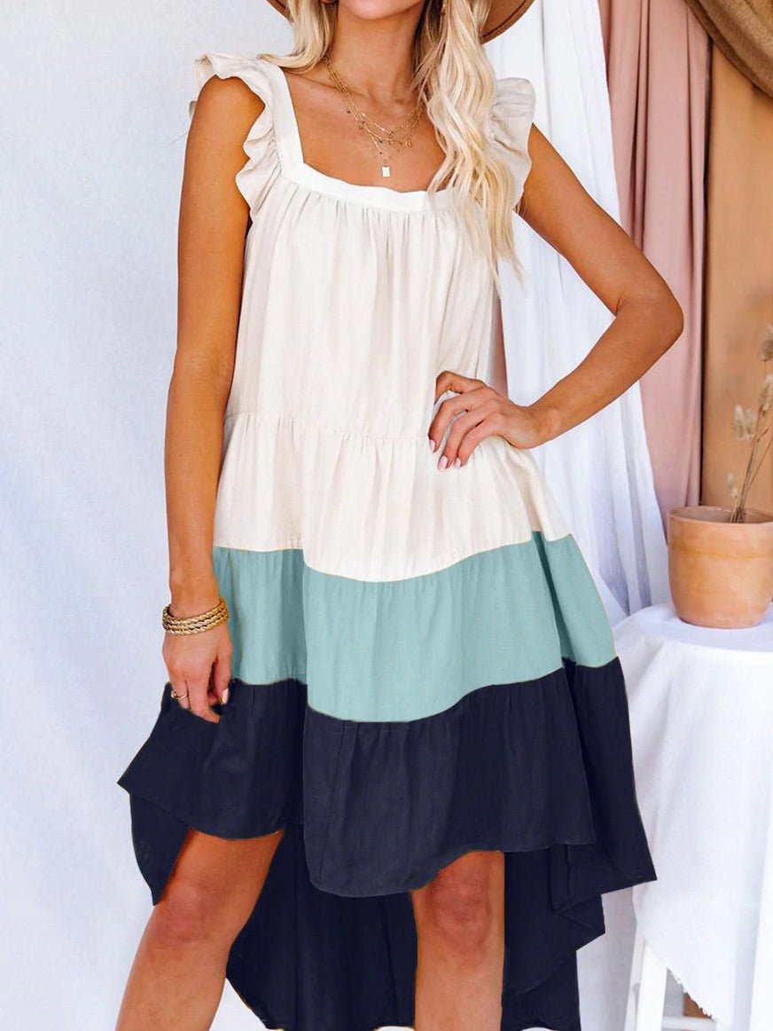 Colorblock Square Neck Sleeveless Irregular Dress