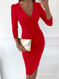 Deep V-Neck Solid Long Sleeve Tight Dress