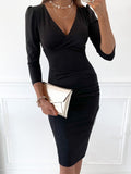 Deep V-Neck Solid Long Sleeve Tight Dress