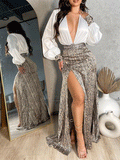 Deep V-Neck Two-Color Stitching Long Sleeve Split Dress