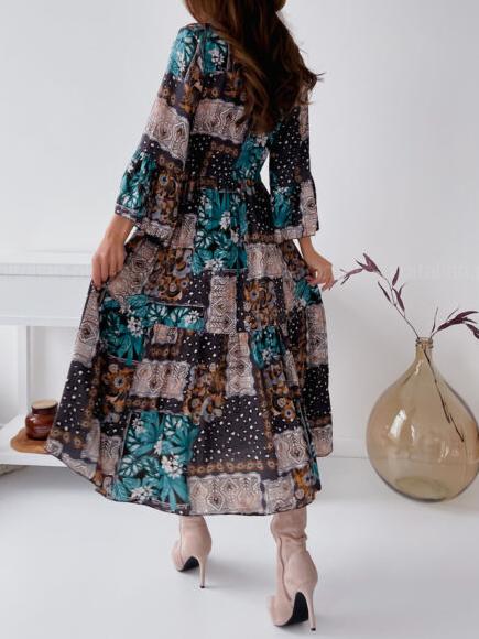 Flared Long Sleeve Multicolor Printed Dress