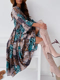 Flared Long Sleeve Multicolor Printed Dress