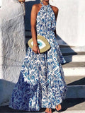 Hanging Neck Vintage Print Maxi Dress