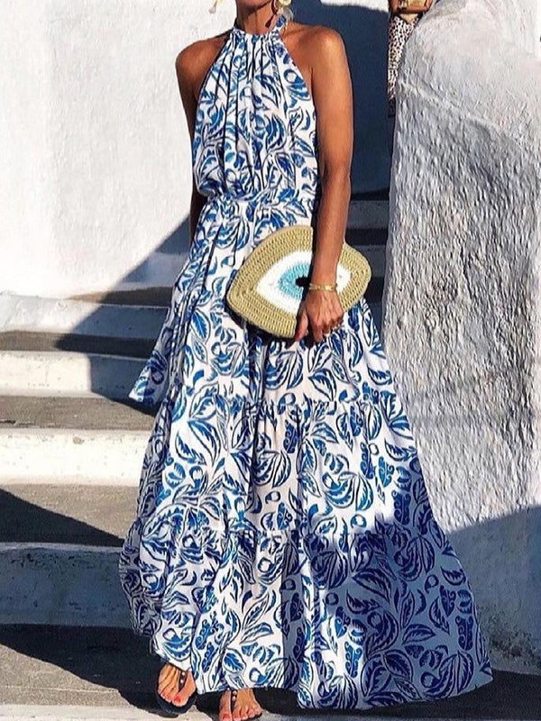 Hanging Neck Vintage Print Maxi Dress