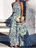 Hanging Neck Vintage Print Maxi Dress